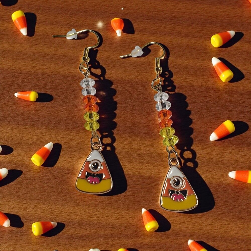 Handmade Candy Corn Halloween Dangle Beaded Earrings Fun Festive 3 Inch Length